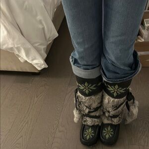 Indigenous Black and Gray Moccasins with Green beaded. Accents